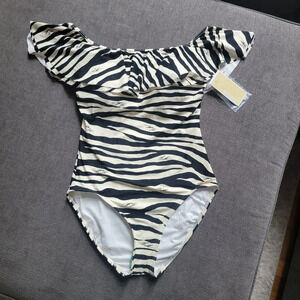 Michael Kors Cream & Black Off The Shoulder Ruffled One-piece Swimsuit S…